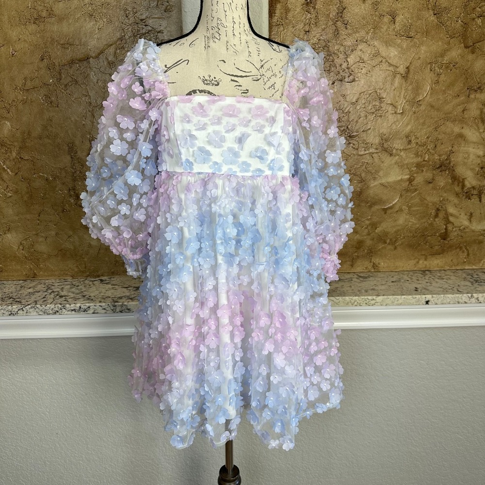 NWT Storia Babydoll Mini Dress Women Medium Floral Tulle Puff Sleeve Purple Pink